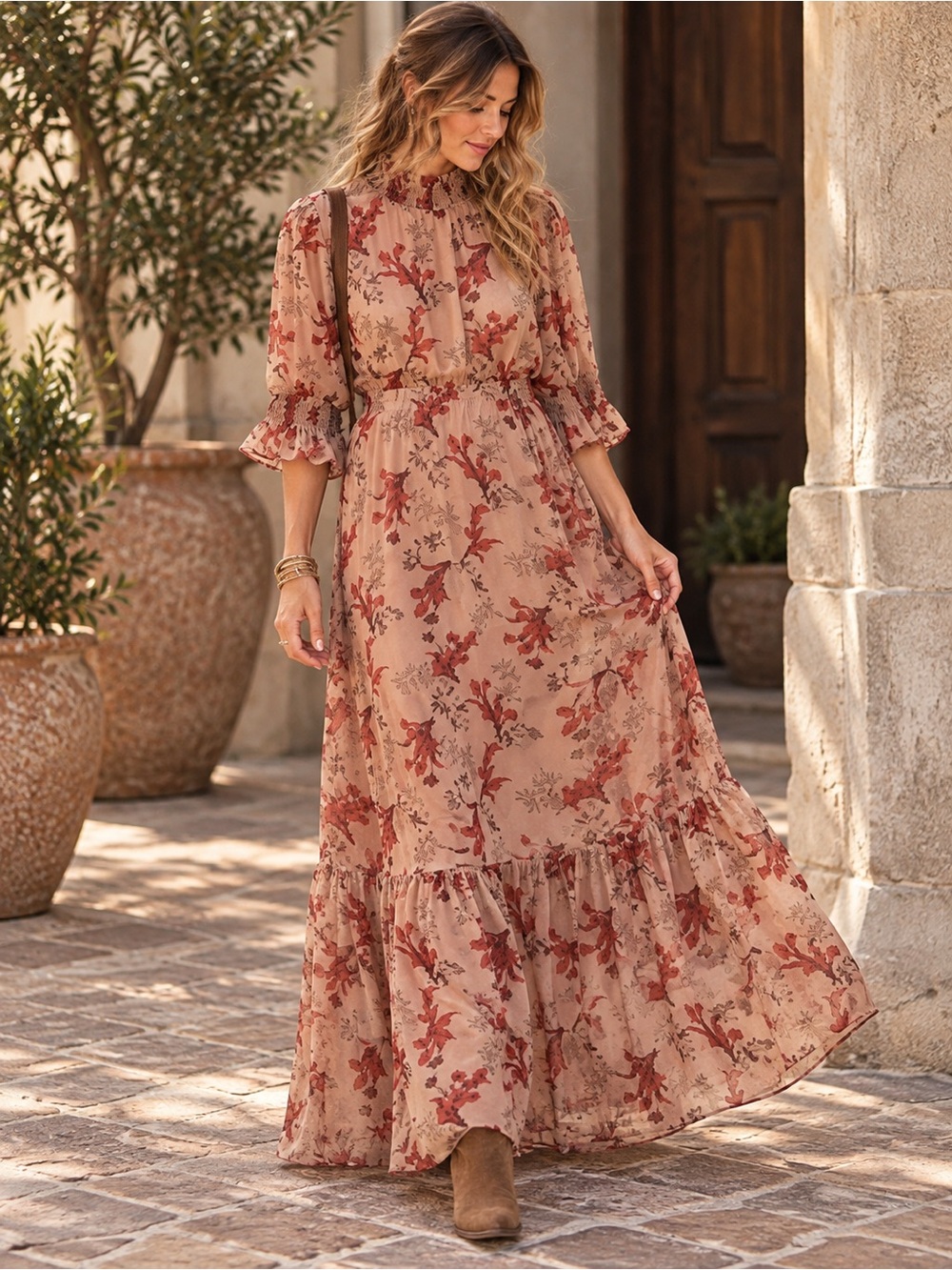 Baltic Born Marie Blush Floral Mock Neck Maxi Dress Medium NWT